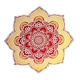 Large Round Lotus Flower Mandala Tapestry - 100% Cotton - Outdoor Beach Roundie - Hippie Gypsy Boho Throw Towel Tablecloth Hanging - Red/Yellow - Floral Circle Design/Shape 72