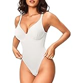 Nebility Shapewear Bodysuits for Women Tummy Control Body Shaper Deep V Neck Thong Body Suits (White,Large)