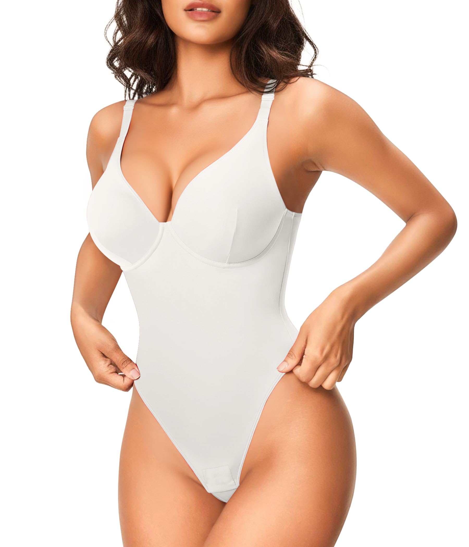 Photo 1 of Nebility Shapewear Bodysuits for Women Tummy Control Body Shaper Deep V Neck Thong Body Suits (White,Small)