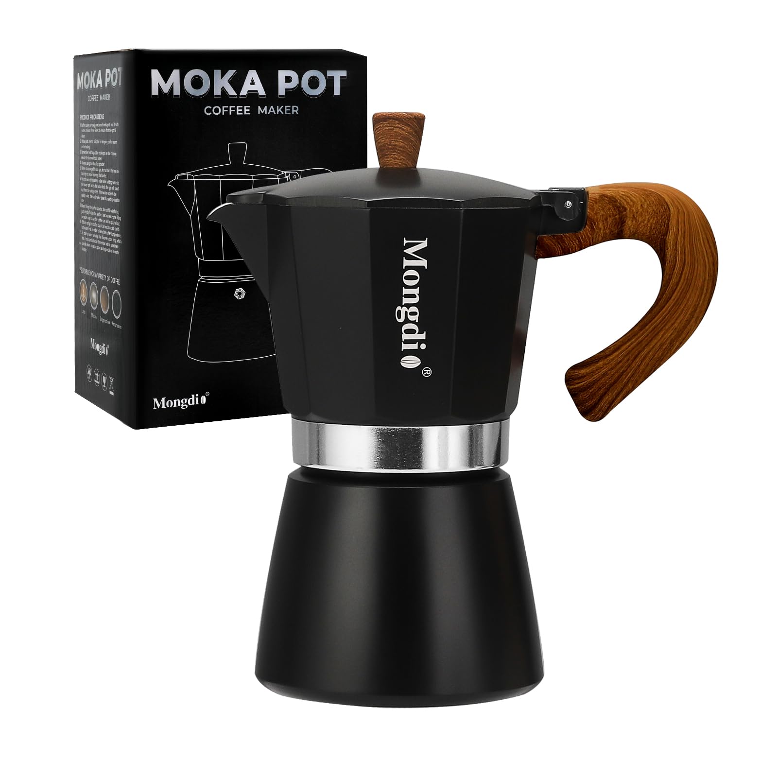 Photo 1 of Mongdio Stovetop Espresso Maker Moka Pot, Cuban Coffee Maker Stove top coffee maker Moka Italian Espresso Greca Coffee Maker Brewer Percolator, 6 Espresso Cups, 10 oz - Black