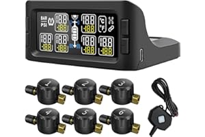 B-Qtech Tire Pressure Monitoring System Solar RV TPMS with 6 Flow Thru Sensors(0-199PSI) & Signal Booster, 7 Alarm Modes Real Time Display Pressure Tempereture for Trailer Motorhome,Pickup,Truck