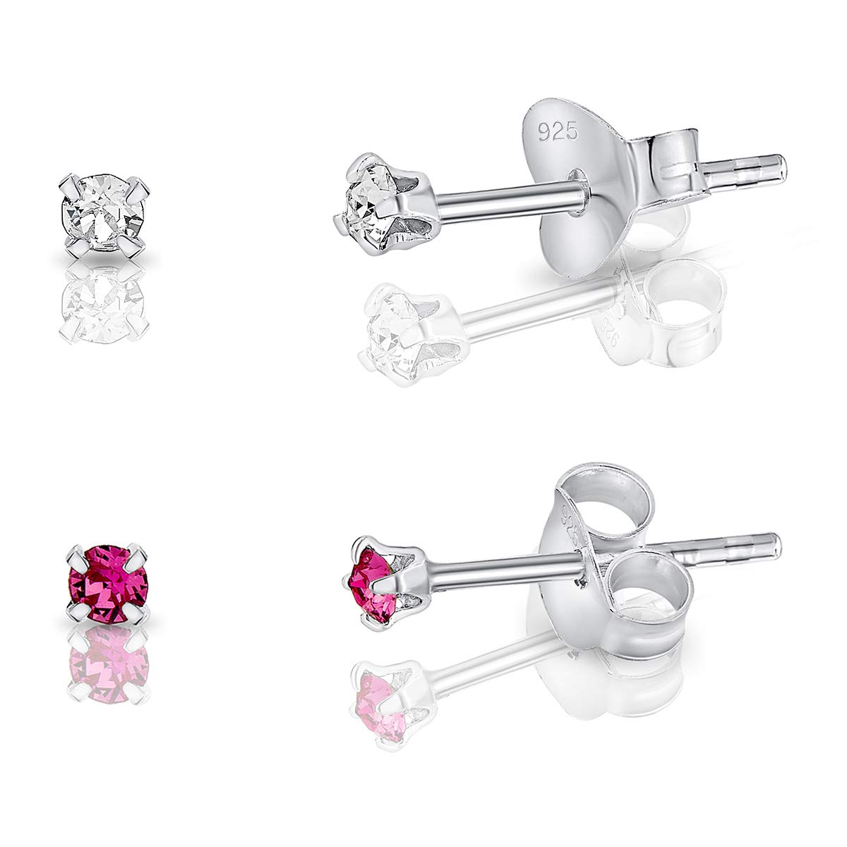 DTPSilver - Set of 2 PAIRS of 925 Sterling Silver Round TINY Stud Earrings made with Glittering Crystals from Swarovski® Elements - Diameter: 2 mm - Colour : Rose