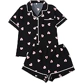 Heart Pajamas Women Valentines Short Sleeve Button Shirts and Pj Shorts Cute Holiday 2 Piece Pjs Set