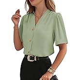EVALESS Blouses for Women Dressy Casual Summer Short Sleeve Button Down Shirts Business Work Tops