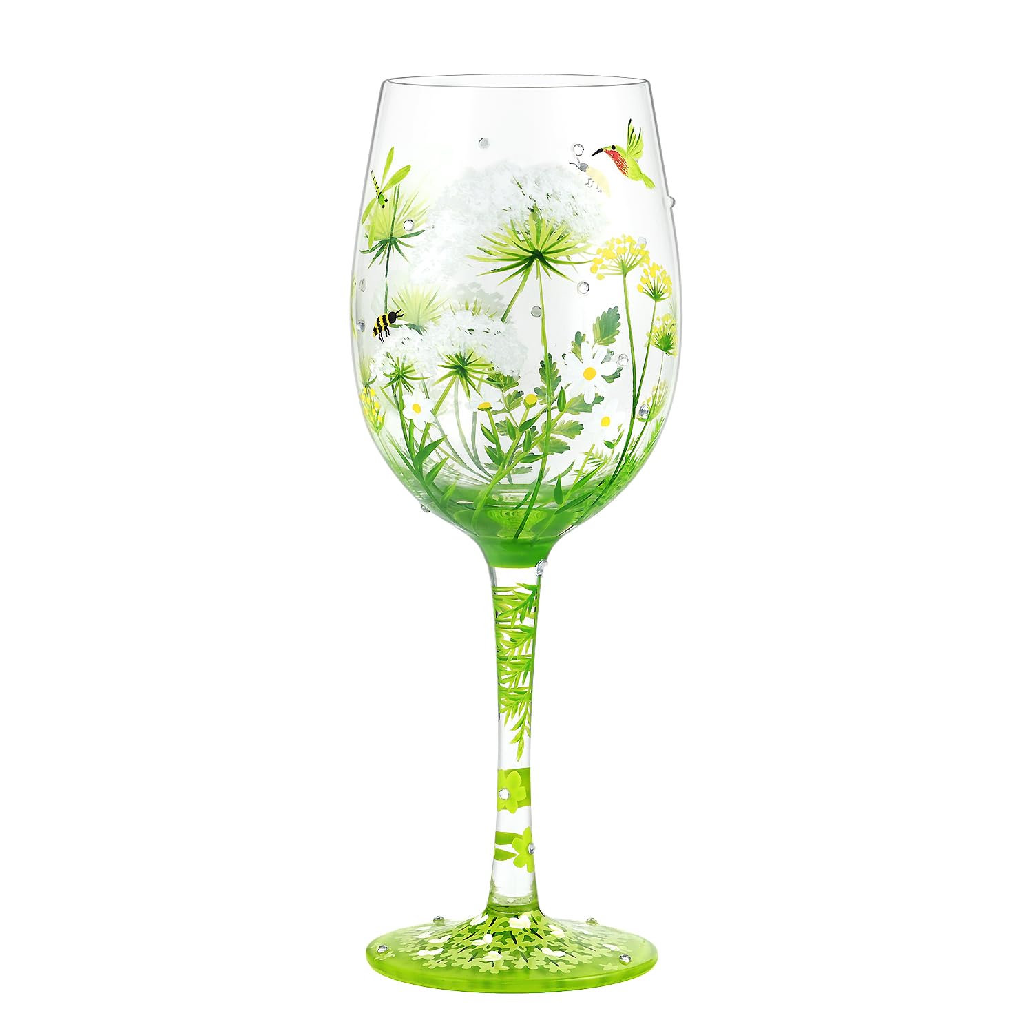 NymphFable Anne’s Lace Flower Wine Glass 100% Hand-Painted Glass Bird Gragonfly Artisan Painted Glass Gift for Women Friend Family — image 1