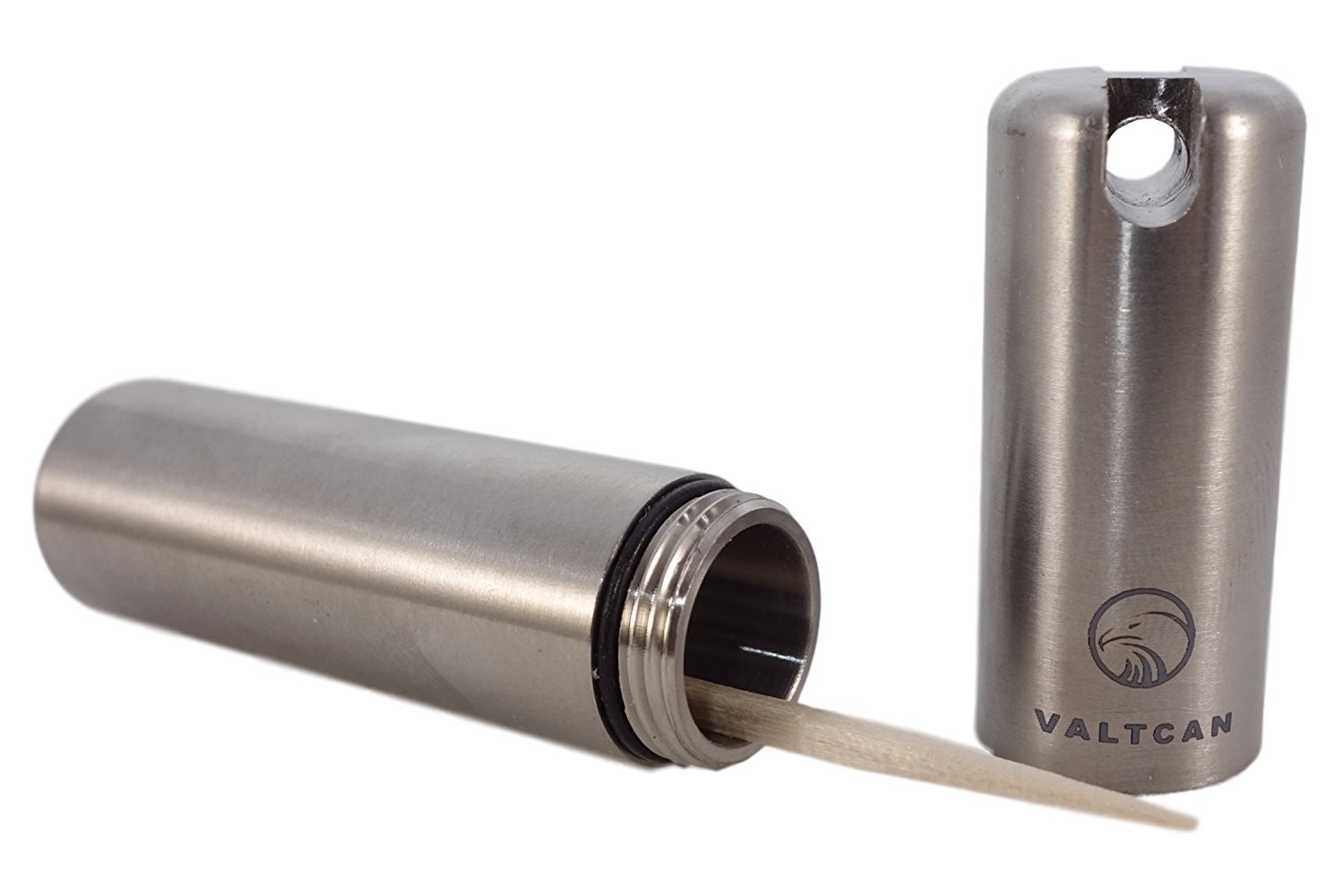 Valtcan Pure Titanium Polished Finish Toothpick Holder - For Single Sided Toothpicks - Pill Canister with Waterproof Airtight Seal Carry Everyday with Keyring hole