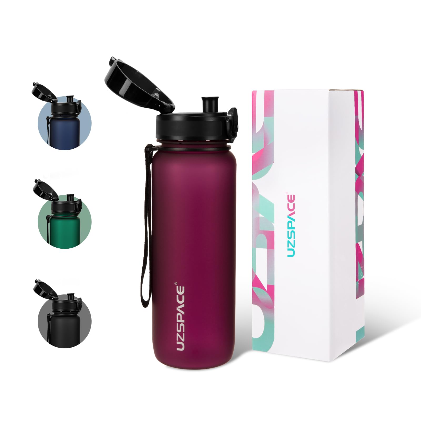 UZSPACE Sports Water Bottle with Strainer - BPA Free Drinking Bottles for Adults - Gym Water Bottle 800ml with Capacity Scale - Daily Water Intake Bottle for School or Fitness & Outdoors Purplish Red