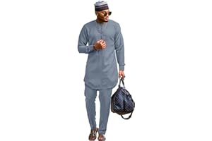 SEA&ALP Men’s 2 Piece Suit Set Casual Long Sleeve Dashiki Shirt and Pants Outfit Loose Simple African Tracksuit
