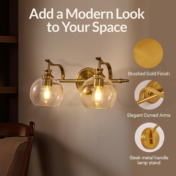 ANDY STAR GOLD BATHROOM LIGHT FIXTURES, 2-LIGHT BRASS VANITY LIGHT, MODERN SCONCES WITH GLOBE CLEAR LAMPSHADE, FARMHOUSE BATHROOM LIGHTING FIXTURES OVER MIRROR WITH METAL LAMP BODY, E26 BASE