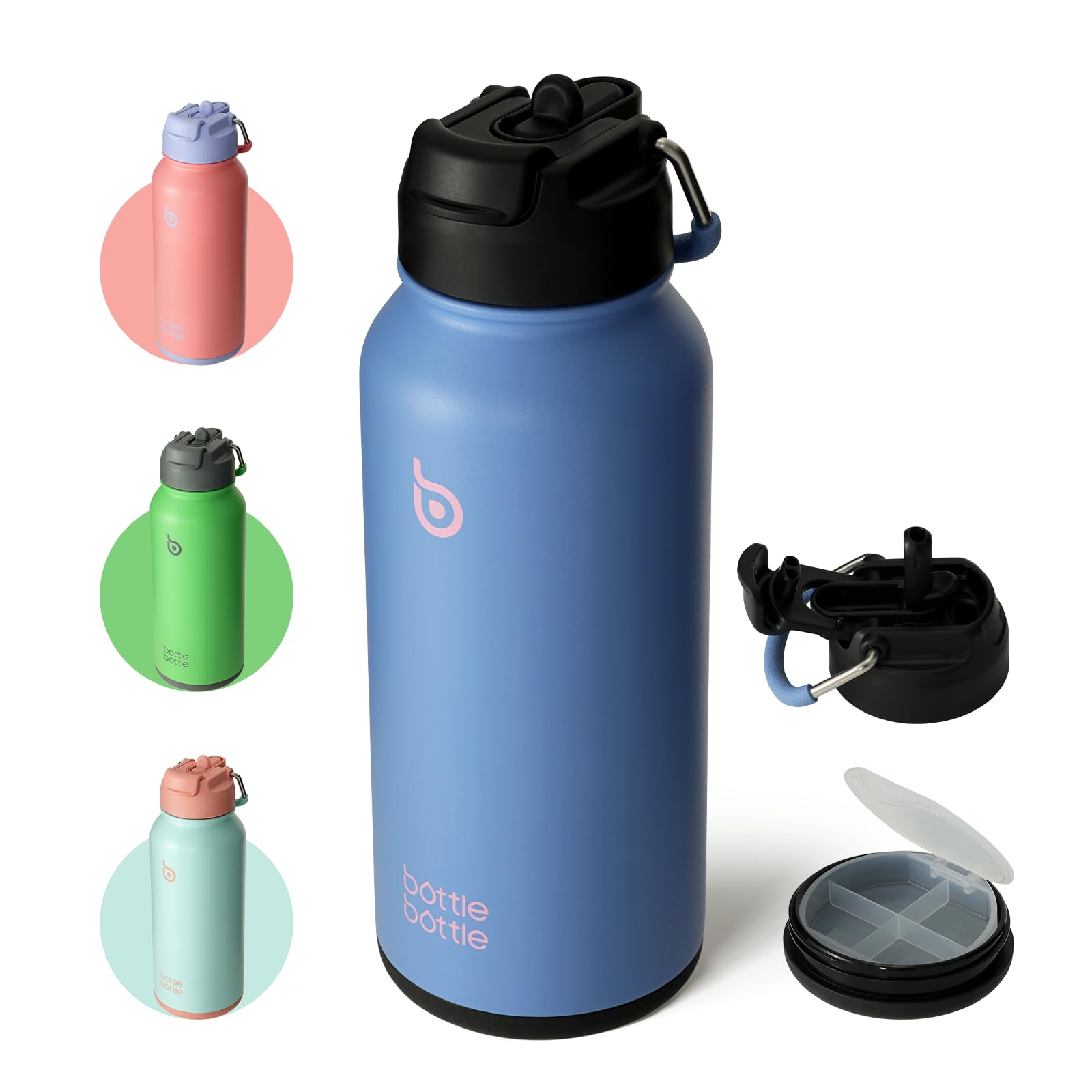 BOTTLE BOTTLE Insulated Water Bottle 950ml(32oz) Stainless Steel Sports Water Bottles with Straw Dual-use Lid Drink Flask Design for Gym with Pill Box (Sky Summer)