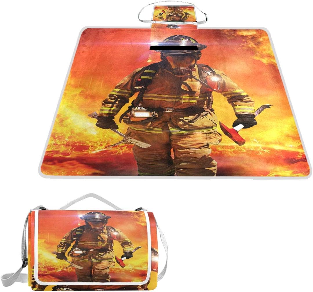 XINGAKA Picnic Blanket,Firefighter Figure In A Building On Searching For Survivors Emergency Services，Large Beach Blanket Outdoor Camping,Waterproof Backing,Foldable