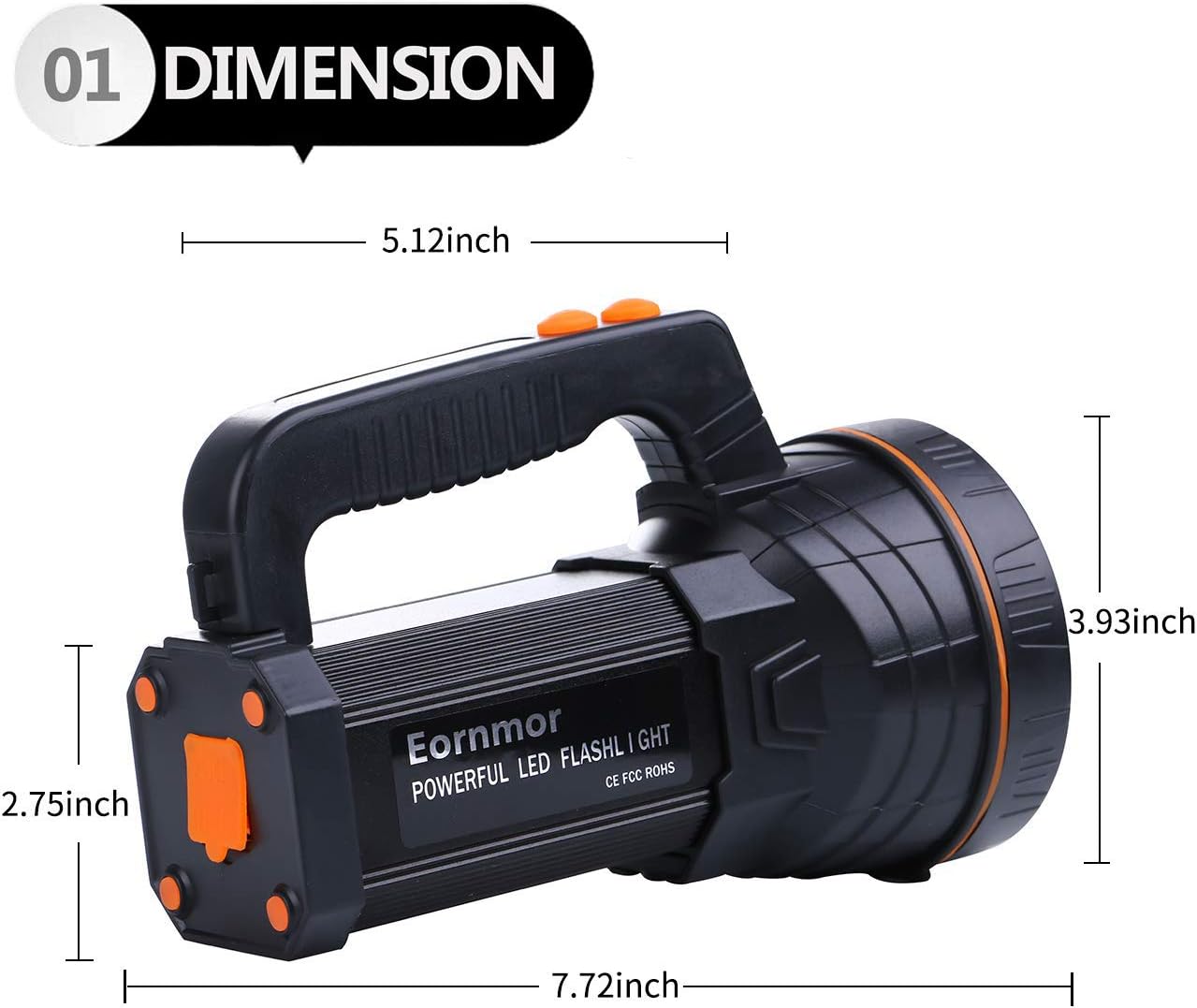 Eornmor Super Bright High Power Portable Handheld Led Spotlight 6000 Lumen Waterproof Large Flashlight Rechargeable High Lumen LED Searchlight Torch Floodlight (Black) - - 