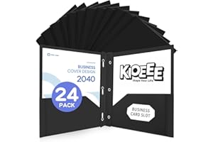 KIOEEE Black Folders with Pockets and Prongs,24 Pack Heavy Duty Plastic Pocket Folders with 3 Prongs and Business Card Slot,F