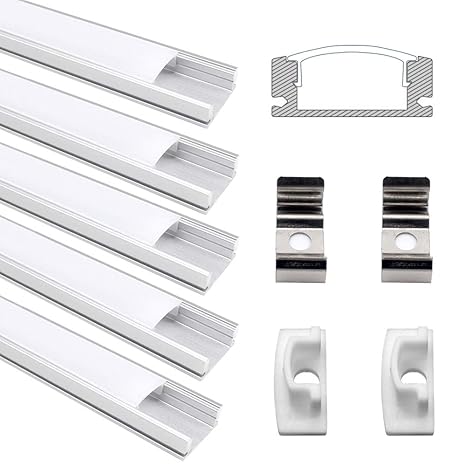 LED Profil, Jirvyuk Alu Profil Led U-Form 5 Pack 0.5M/1.65ft Aluminium Extrusion Milchig Deckel Endkappen Metall Befestigungs