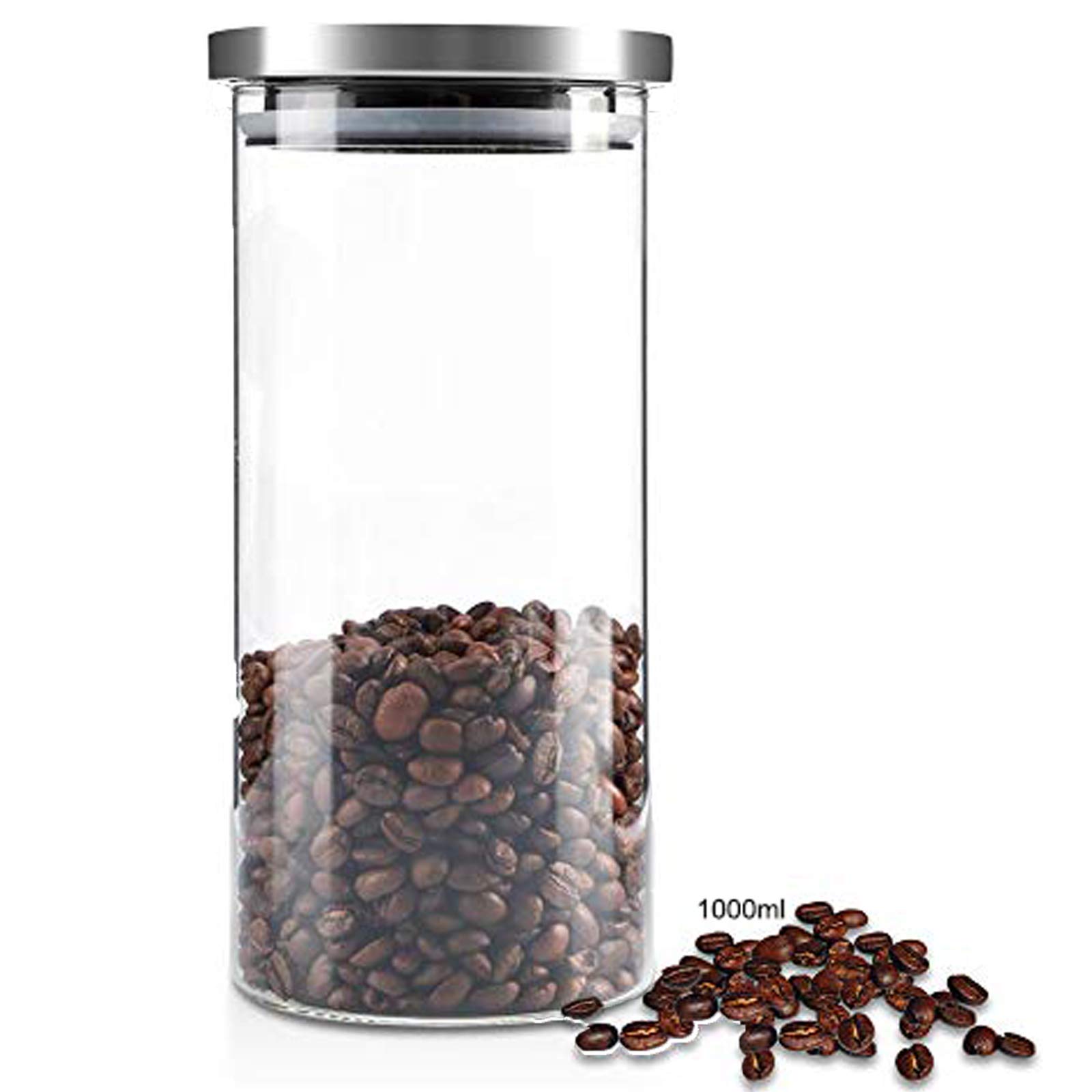 Topiky Coffee Bean Storage Tank,Portable Delicate Stainless Steel Lid Glass Sealed Tank Food Container,1000ml Large Capacity Glass Storage Jar for Coffee Beans,Kitchen Supply(1000ML)