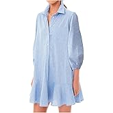 YEXPINE Women Button Down Dress Casual 3/4 Puff Sleeve Cotton Linen Dress Flowy Ruffle Hem Tunic Shirt Dresses