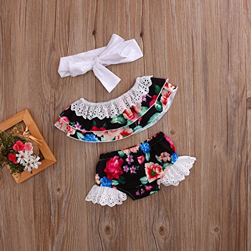 CaNIS Newborn Baby Girls Strapless Lace Ruffle Floral Tube Top and Shorts Outfit with Headband (18-24M, Black) - Thumbnail 5