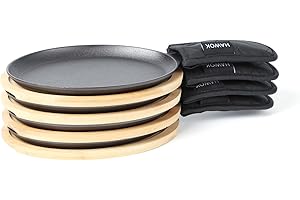 HAWOK Cast Iron Fajita Plate Sizzler Pan Set with Bamboo Tray and Handle Holder, Set of 4, Pre-seasoned Cast Iron Skillet wit