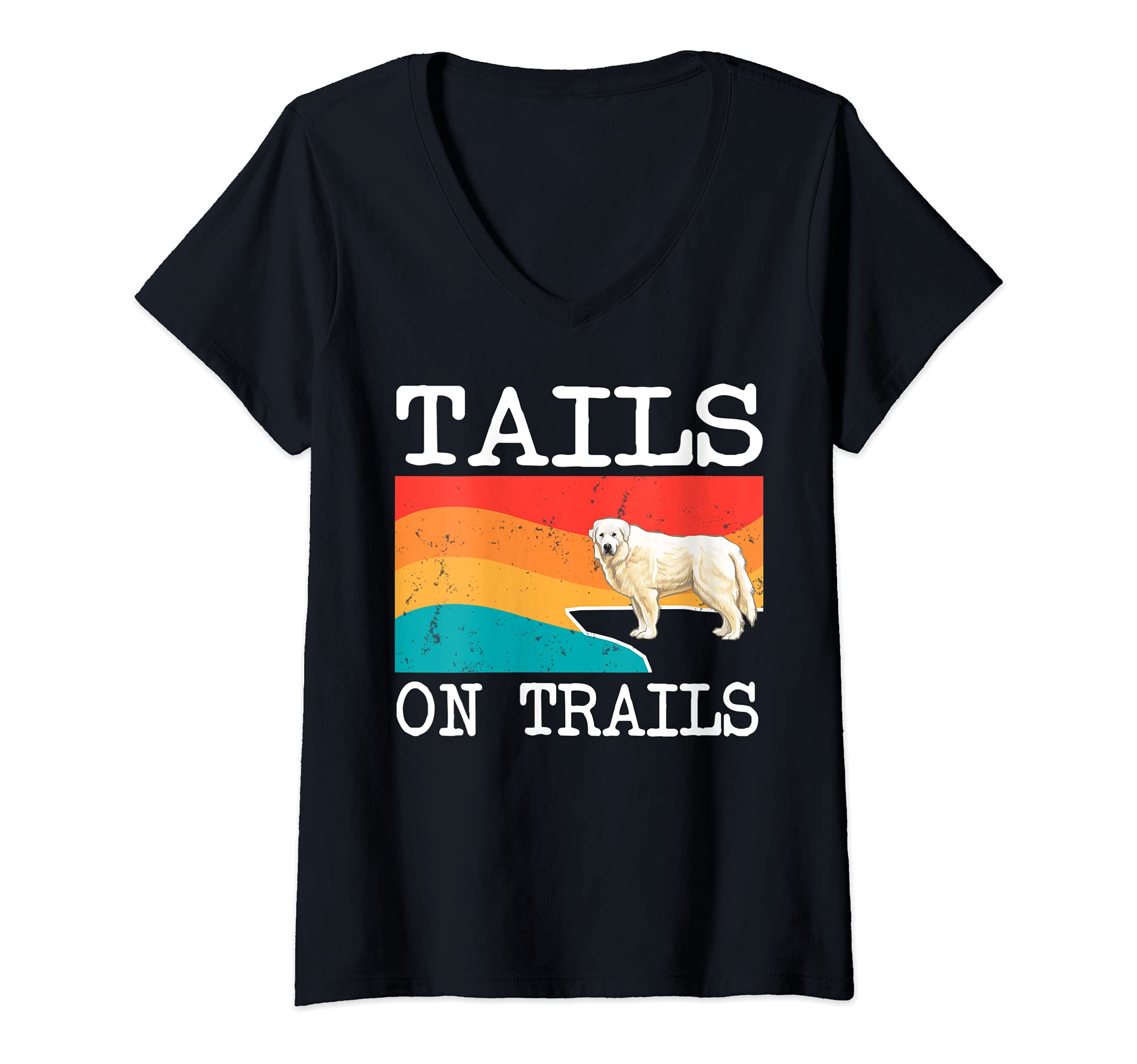 Womens Tails On Trails Great Pyrenee Dog Funny Hiking V-Neck T-Shirt