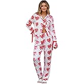 WNGECAT Women 2 Piece Valentines Day Heart Print Pajama Set Long Sleeve Button-up Tops and Pants Sleepwear Outfit