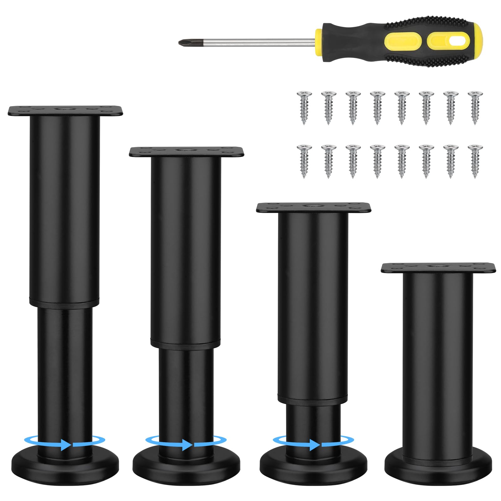 Zocipro 4Pcs Furniture Legs, Heavy Duty Black Adjustable Cabinet Legs 12-18cm with 16 Screws, Metal DIY Furniture Replacement Support Feet Legs for Sofa Table Chair Desk Kitchen Cupboard