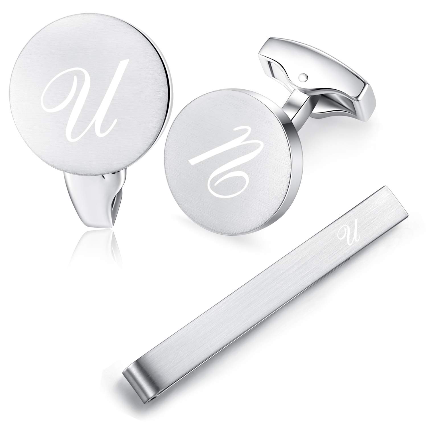 HONEY BEAR Initial Alphabet Letter Cufflinks Tie Clip Set for Mens - Round Stainless Steel, for Business Wedding Gift,Brushed Silver (U)
