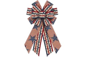 Estivaux Large 4th of July Patriotic Bows for Wreath, Memorial Day Wreath Bows Blue Natural Burlap Bows American Stars Stripes Tree Topper Bows for Front Door Decorations Supplies