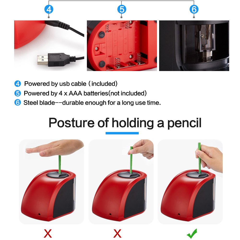 ProAid Portable Electric Pencil Sharpener - Powered by Batteries or Adapter - Perfect For Office, Kids, Artists, Red