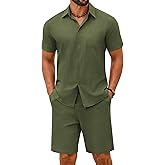 COOFANDY Men's 2 Piece Summer Outfits Short Sleeve Casual Beach Button Down Shirts and Shorts Vacation Cotton Sets