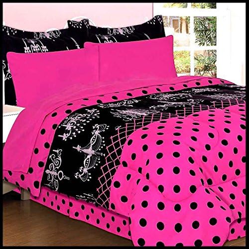 Ballroom Chandelier Girls HOT Pink Black Polka-Dot Comforter SHAM(S) BEDSKIRT & Sheet Set (8pc Full Size (76" x 86") Bed in A Bag)