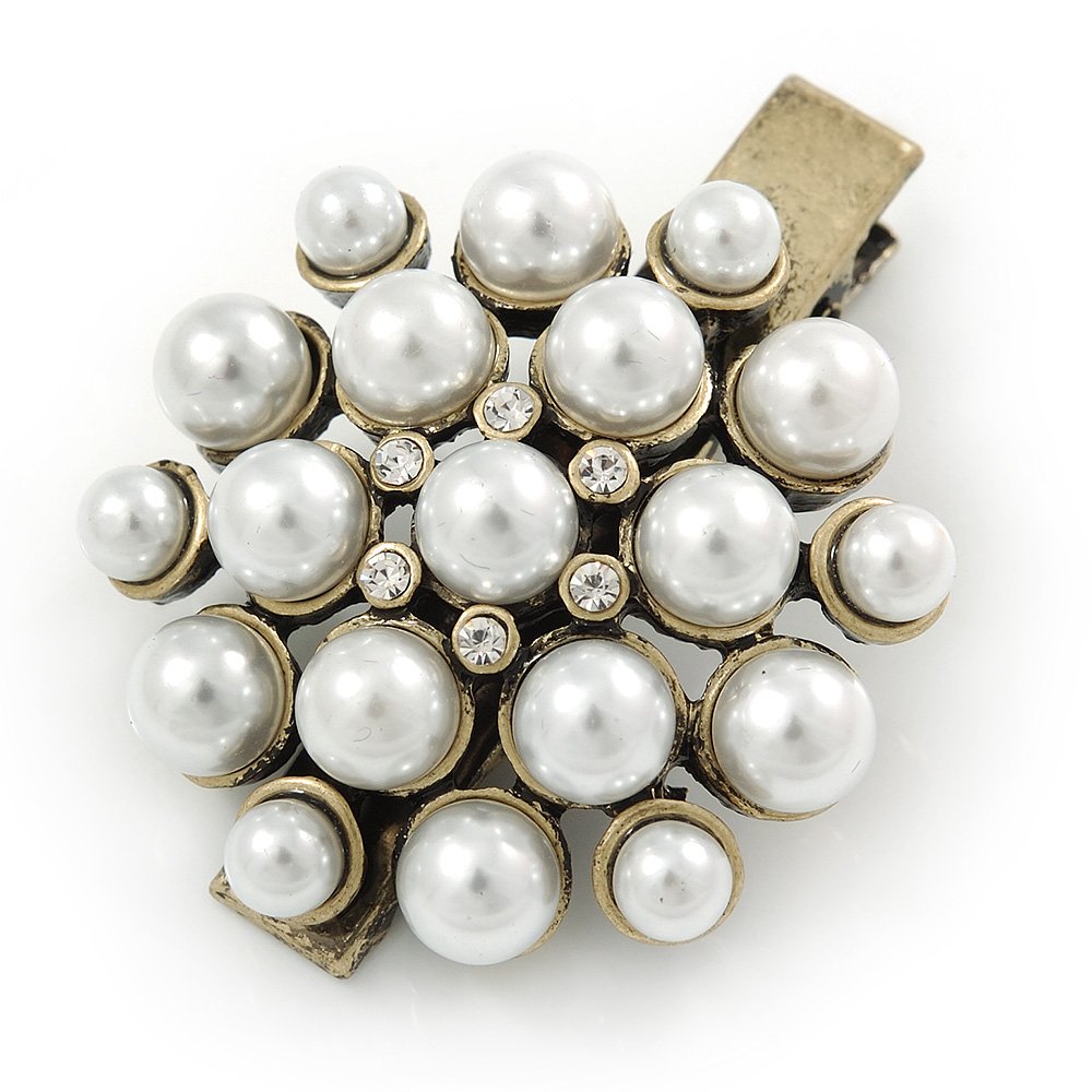 Vintage Inspired Clear Crystal Glass Pearl Flower Hair Beak Clip/Concord Clip/Clamp Clip In Antique Gold Tone - 45mm L