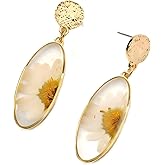 Real Pressed Flower Dangle Earrings for Women, Handmade Boho Chic Floral Jewelry, Gold Tone Earrings Unique Pretty Valentine’s & Mother’s Day Gift for Women Girls Best Friend