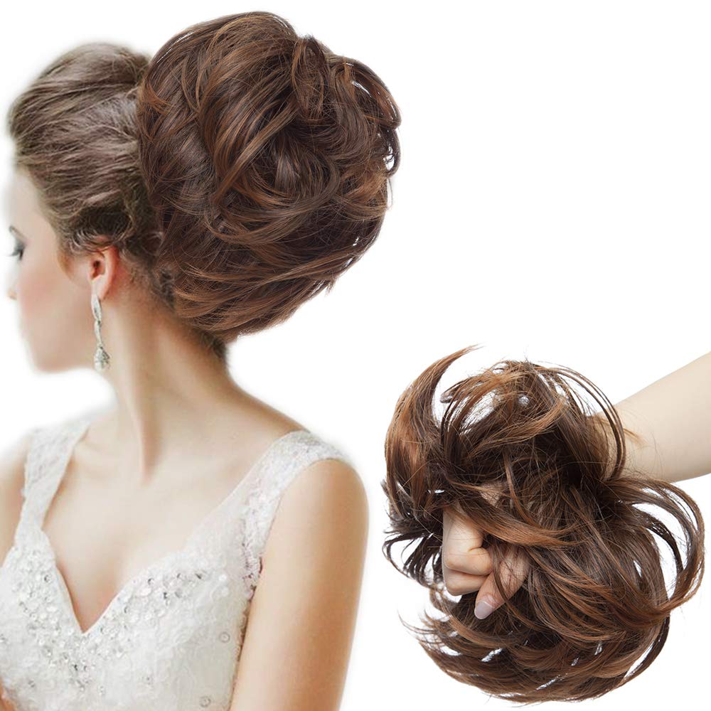 Large Updo Messy Bun Hair Extension Wavy With Elastic Rubber Band 80G Synthetic Thick Chignon Donut Ponytail Hairpiece For Women, Light Auburn & Dark Brown — image 1