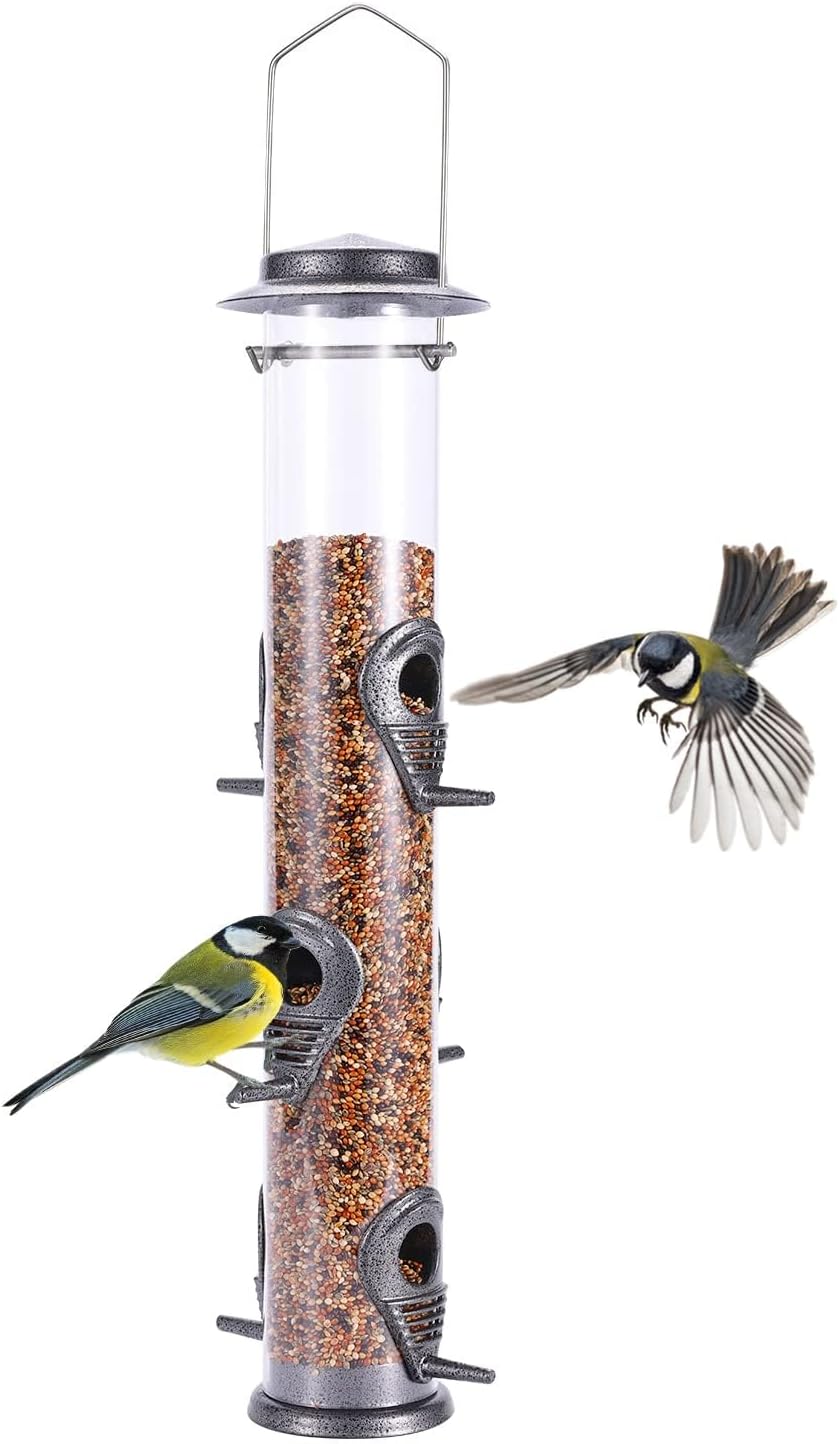 Urban Deco 6 Port Tube Bird Feeder Gray Weatherproof Hanging Hanger
