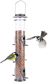 Urban Deco 6 Port Tube Bird Feeder Gray Weatherproof Hanging Hanger