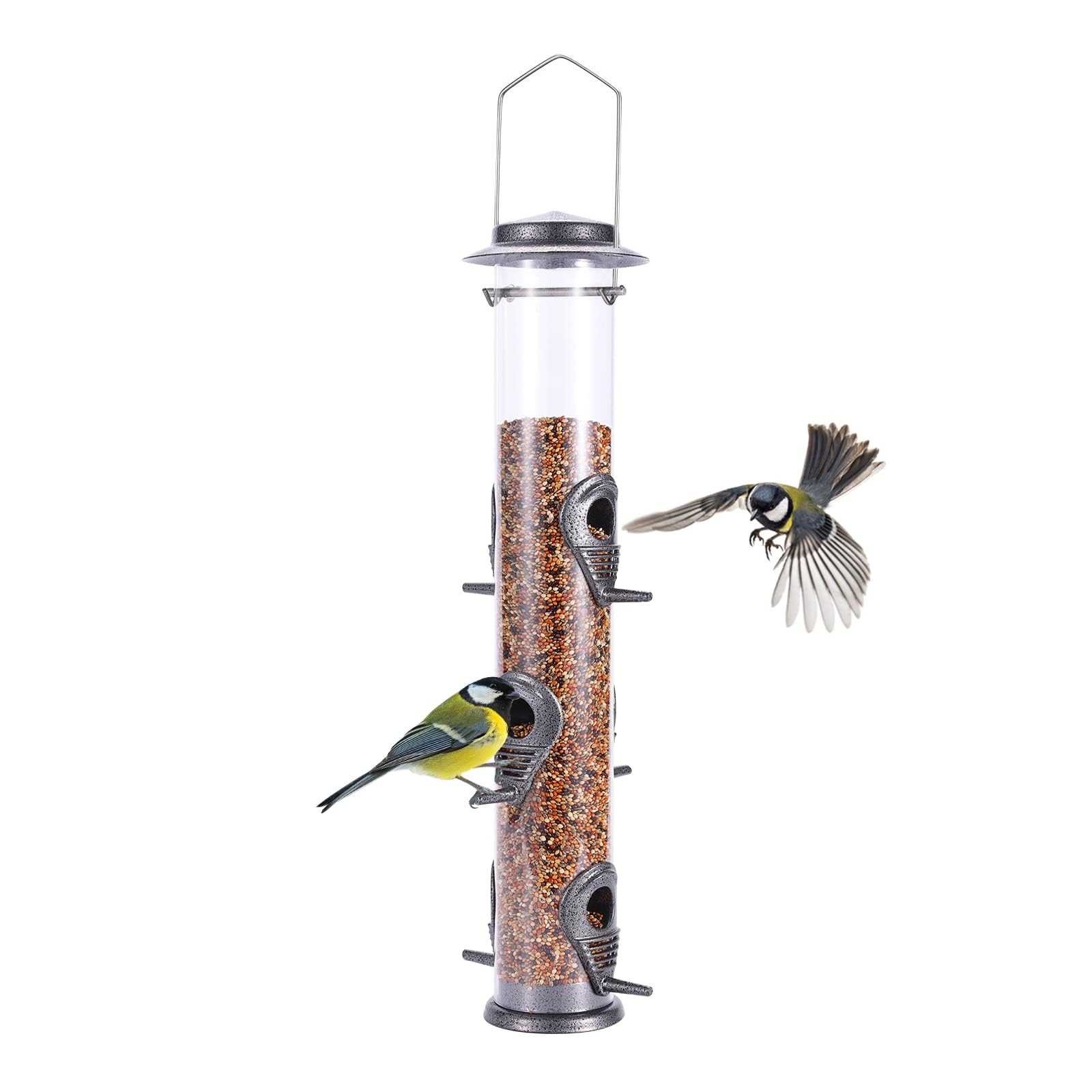 Urban Deco Metal Bird Feeder Tube Hanging Feeders Wild Bird Seed Feeder Metal 6 Port Bird Feeders with Steel Hanger Weatherproof and Water Resistant Great for Attracting Birds (Gray)
