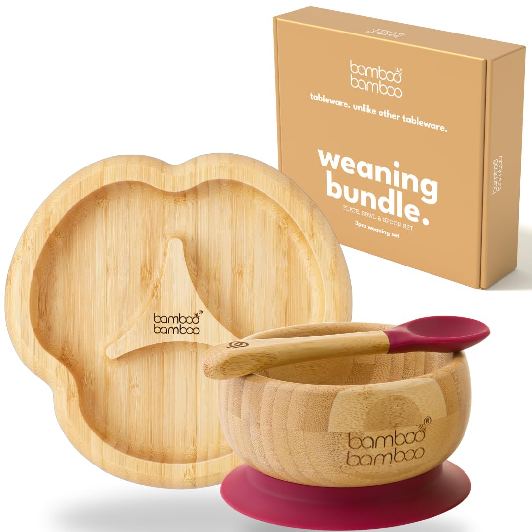 bamboo bamboo Baby Plate & Bowl Set for Feeding and Weaning, Bamboo Divider Plate, Toddler Bowl & Baby Spoon, Suction Plates for Babies from 6 Months (Cherry)