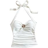 WDIRARA Girl's Ruched Halter Top Metal Decor Textured Sleeveless Tie Backless Tank Tops