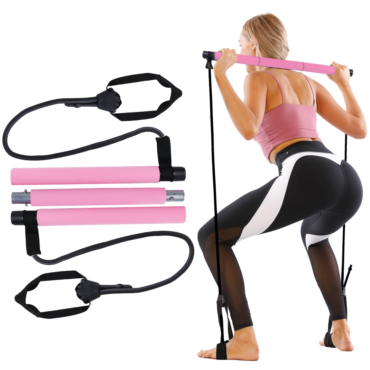 GLKEBY Pilates Bar Kit,With Adjustable Resistance Band Pilates Exercise Stick,Multifunctional Portable Home Fitness Bar Set, For Stretching, Yoga, Shaping,Exercise,Sit-ups,Lose weight, Pink