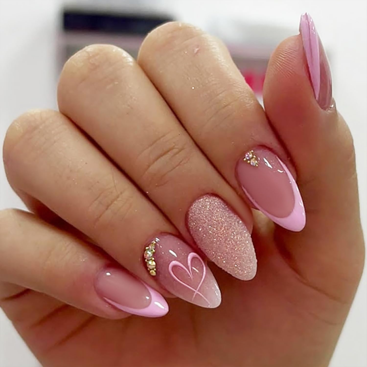 Photo 1 of 24Pcs Valentines Press on Nails Medium Almond French Tip Fake Nails Pink Heart False Nails Silver Glitter Full Cover Artificial Glue on Nails with Rhinestones Design Cute Stick on Nails for Women DIY