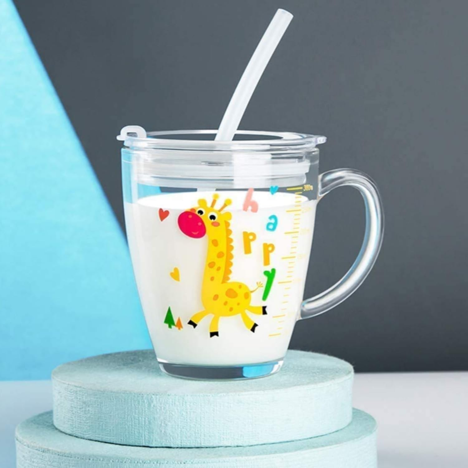 Glass Milk Cup with Measuring Kids Microwave Leak-proof Sippy Cup 300ml Transparent Drinking Glasses Jars Bottles Scale Measure Cups Cartoon Printing Water Cups with Lid Straw Handle for Milk Juice