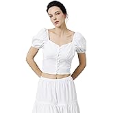 BEAUZSUZSANA Cotton Crop Tops for Women Renaissance Puff Short Sleeve Button Down Blouse Going Out Shirt