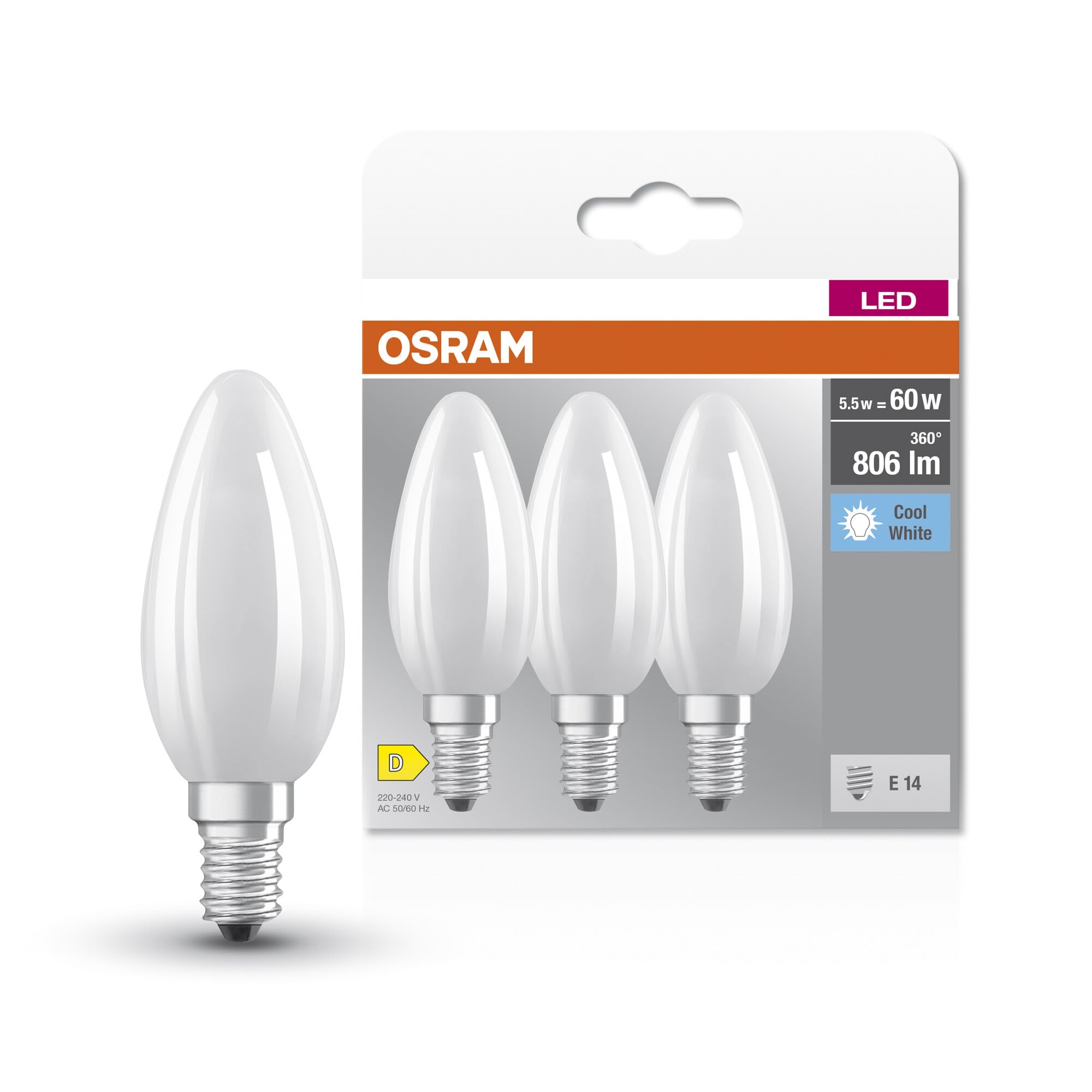OSRAM Star Filament Lamp, E14-base Frosted Glass,Cold White (4000K), 806 Lumen, 60W-Replacement, Non-dimmable, 3-Pack