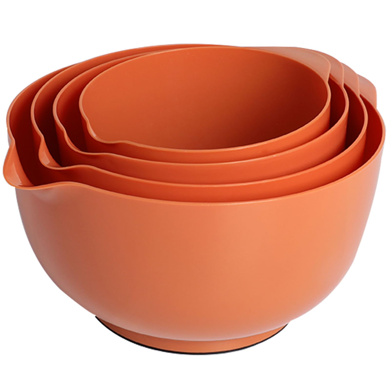BoxedHome Brownish Orange Nesting Plastic Mixing Bowl Set with Pour Spout, Microwave and Dishwasher Safe, BPA Free Non-Slip Base, Set of 4 Size 1.7, 2.5, 3.5 and 4.5qt, Great for Prepping, Baking