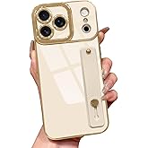 Lafunda for iPhone 17 Pro Case Cute, Luxury Gold Plated for Women Girls Elegant TPU Bumper Cover with Wrist Strap Kickstand Camera Protection Shockproof Silicone Phone Case for iPhone 17 Pro, White