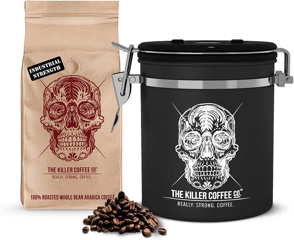 Killer Coffee Storage Tin 16oz with Killer Coffee Beans 16oz - Airtight Stainless-Steel Canister with One-Way Valve & Calendar Wheel + Australia's Strongest Coffee