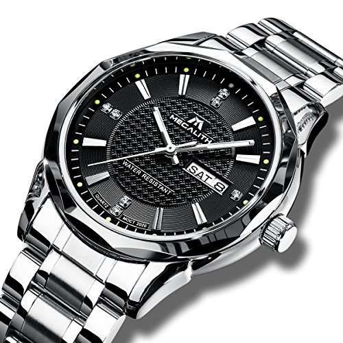 MEGALITH Mens Black Wrist Watches Men Waterproof Silver Stainless Steel Watches Day Date Calendar Tungsten Steel Watch
