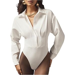 OYOANGLE Women's Dolman Long Sleeve Collared Bodysuit Button Down Shirt | Plus Size Top, Work Office, Going Out, Dressy Casua