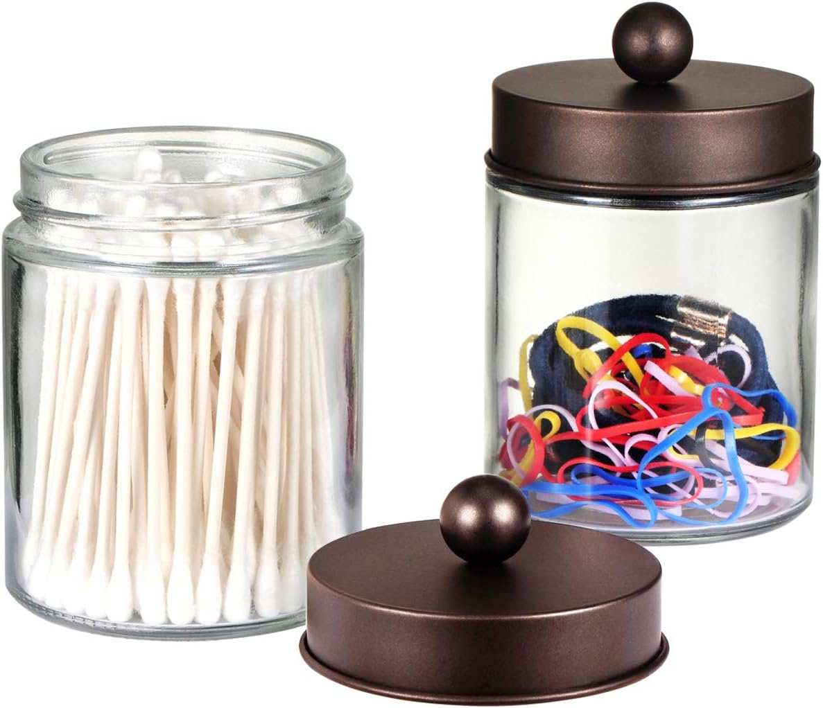 Apothecary Jars Bathroom Storage Organizer - Cute Qtip Dispenser Holder Vanity Canister Jar Glass with Lid for Cotton Swabs,Rounds,Bath Salts,Makeup Sponges,Hair Accessories/Bronze (2 Pack): Home & Kitchen
