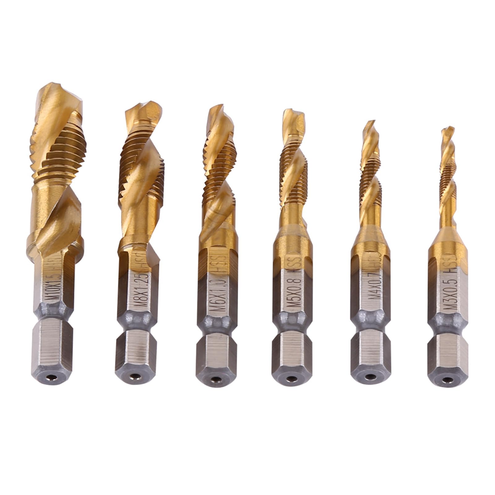 Ausla HSS Drill and Tap Bit Set, 6-Piece M3-M10 Metric Thread Titanium Coated with 1/4" Hex Shank
